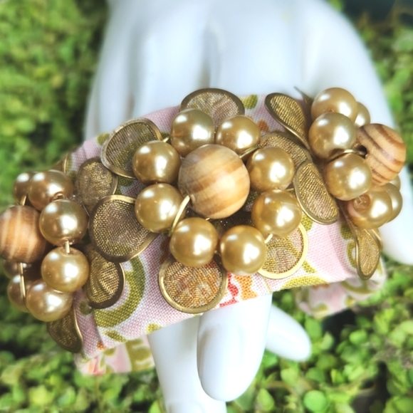 LENORA DAME Anthro Pleats Cottage Floral Fabric Gems Pearls Metal Cuff Bracelet - Picture 2 of 16